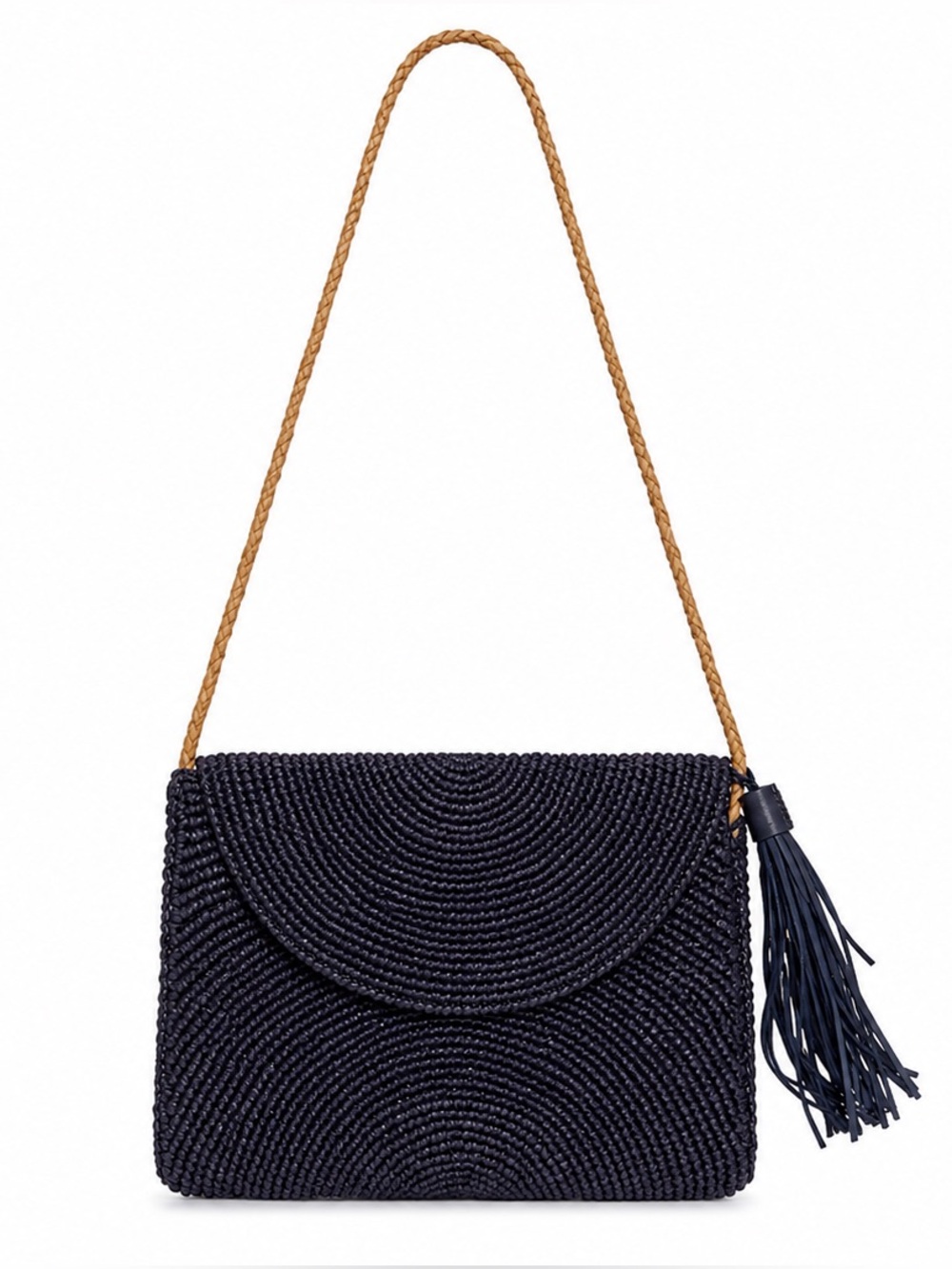 Mar Y Sol Leah‎ Raffia Shoulder Bag Navy Woven Tassel Boho Resort Purse